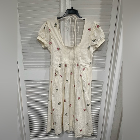 NWT Free People White Midi Dress with Pink & Green Floral Embroidery - Picture 4 of 13